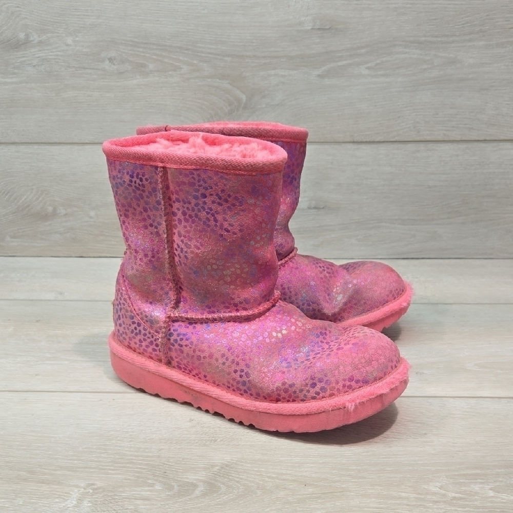 Ugg Australia Girls Pink Ankle Leather Sheepskin Boots Shoes Sz 3